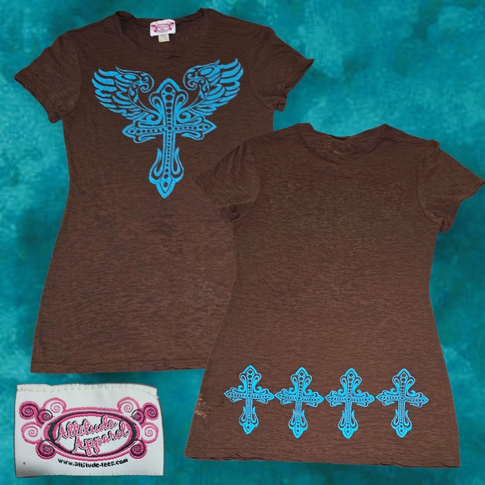 Y2K‎ Attitude Apparel Womens Winged Cross SS Burnout Graphic Tee Brown Teal XL